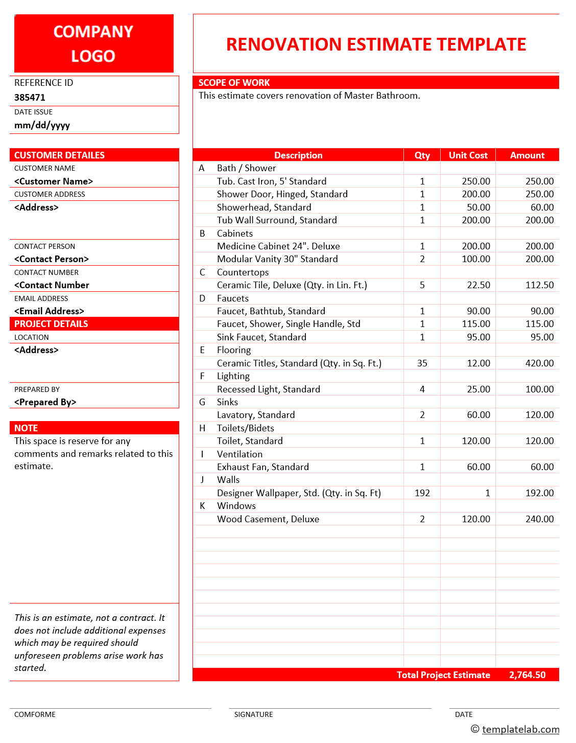 Printable Remodeling Estimate Template Example