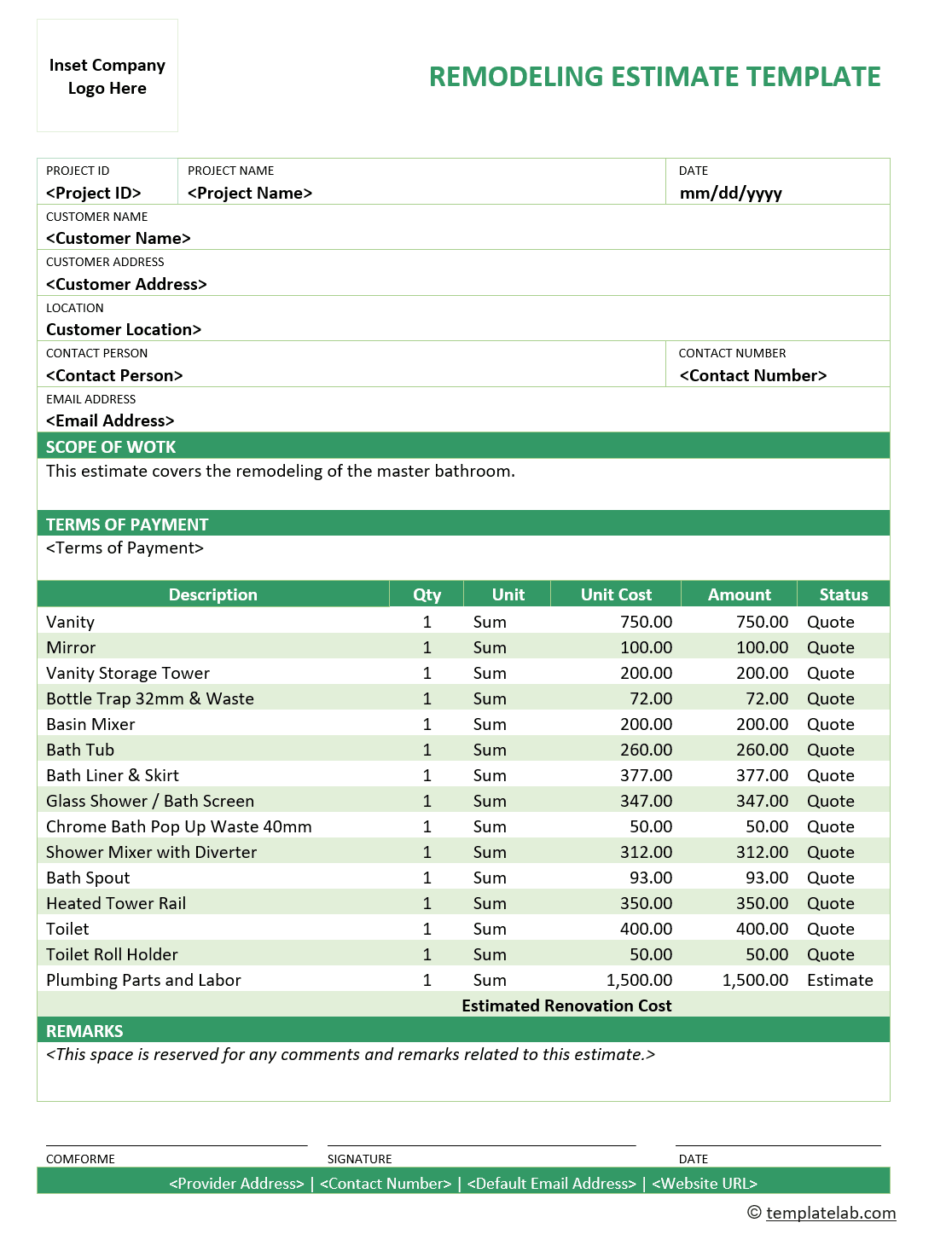 Printable Remodeling Estimate Template