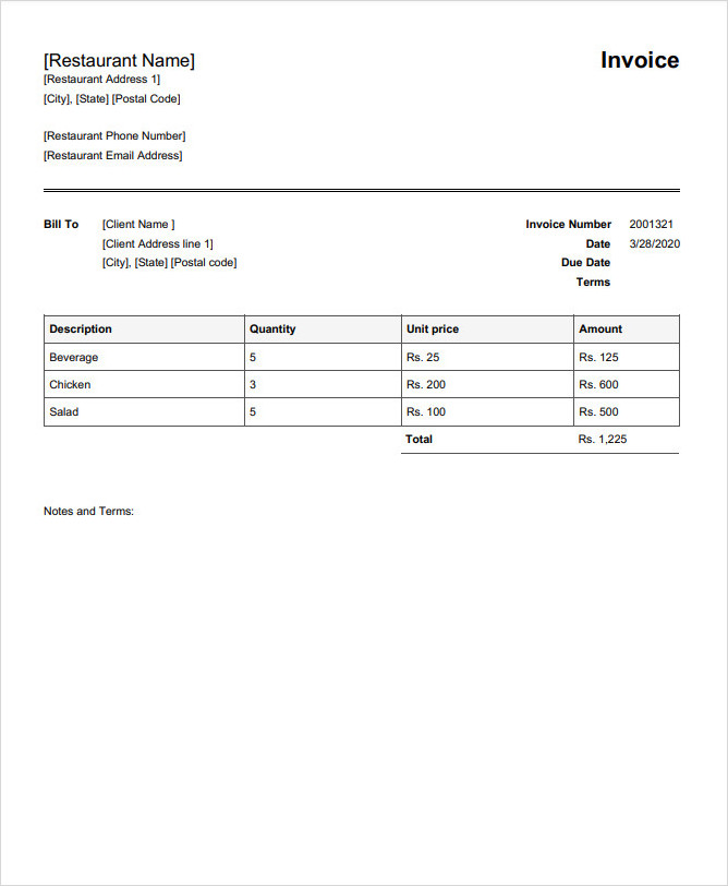 Printable Restaurant Receipt Template