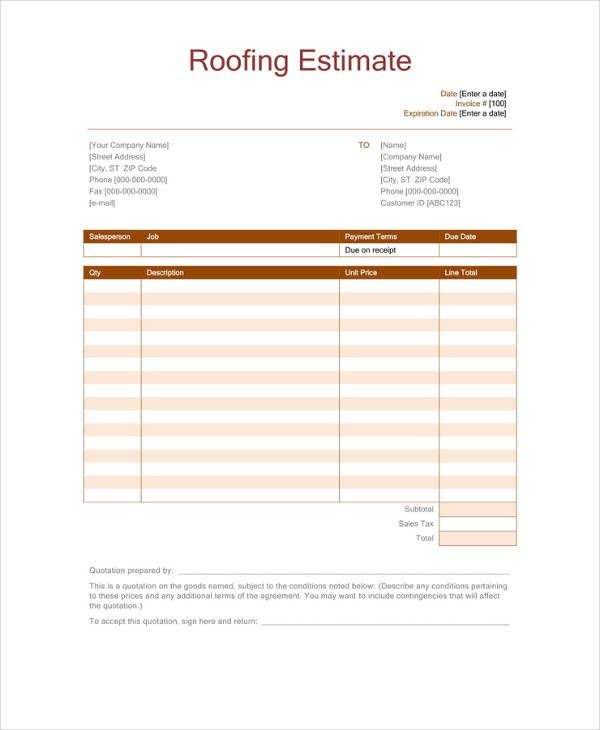 Printable Roof Estimate Template Example