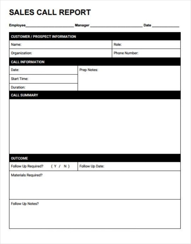 Printable Sales Call Report Template