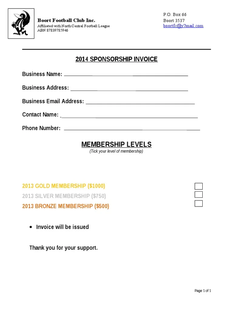 Printable Sponsorship Receipt Template