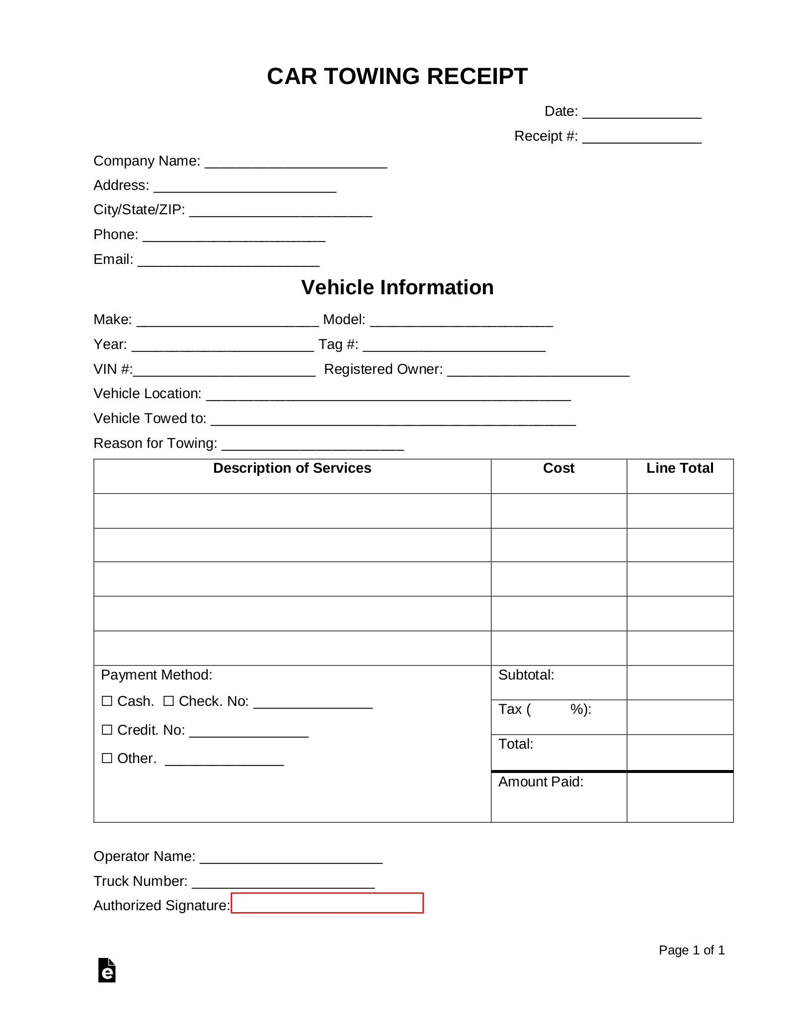 Printable Towing Receipt Template