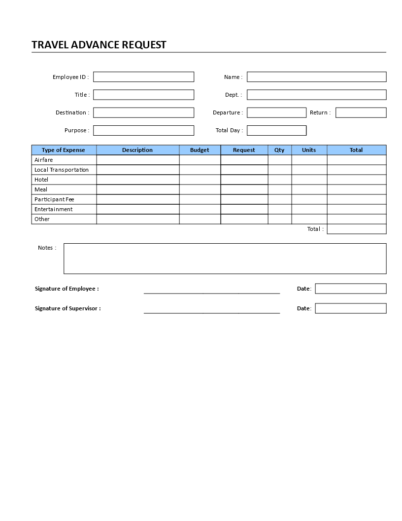 Printable Travel Advance Request Form