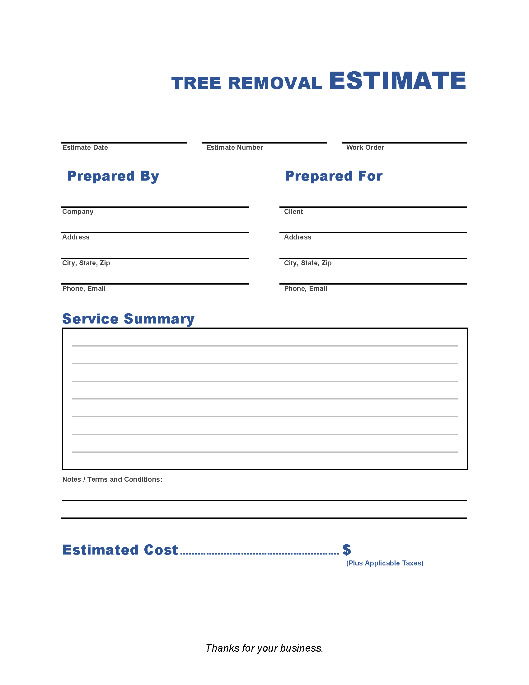 Printable Tree Removal Estimate Template Sample