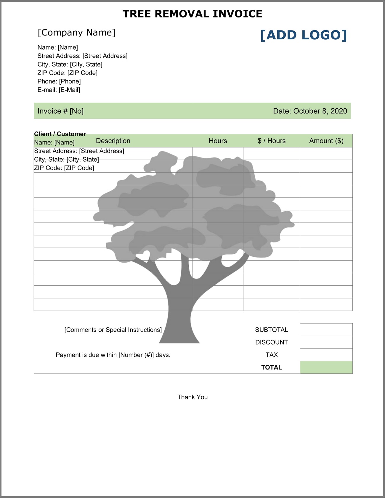 Printable Tree Removal Estimate Template