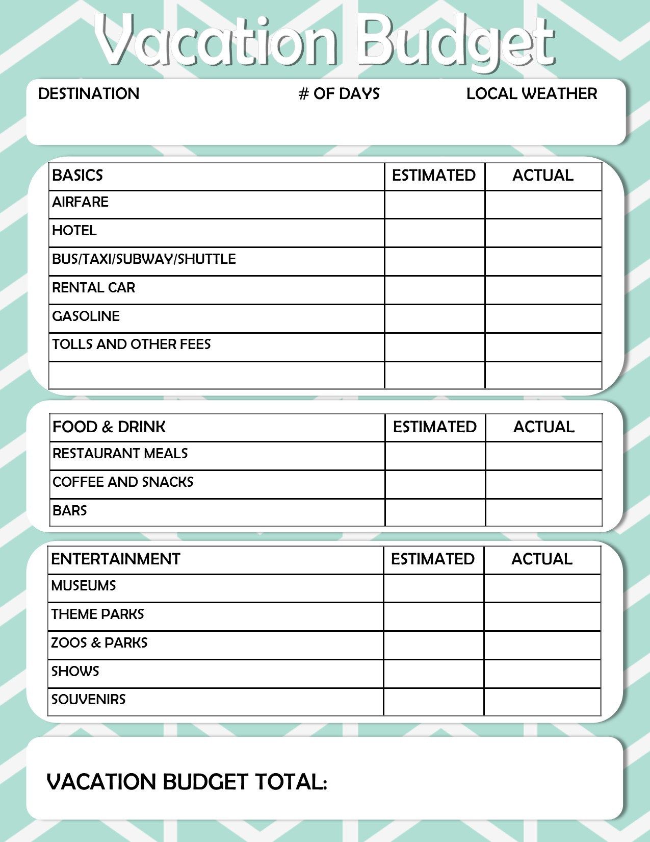 Printable Vacation Cost Planner Template Example