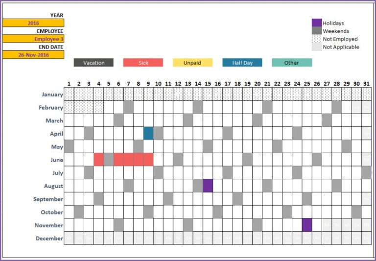 Printable Vacation and Leave Tracker Template Example | Templateral