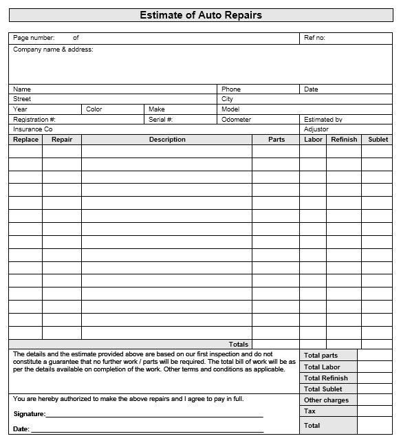 Printable Vehicle Repair Estimate Template Example