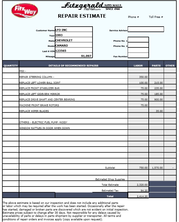 Printable Vehicle Repair Estimate Template Sample