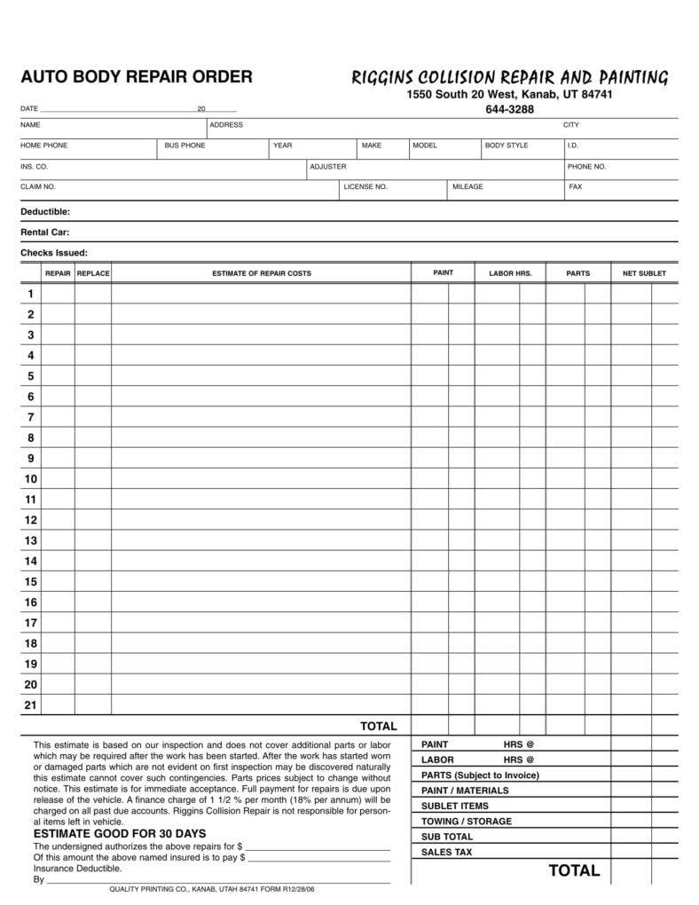 Printable Vehicle Repair Estimate Template