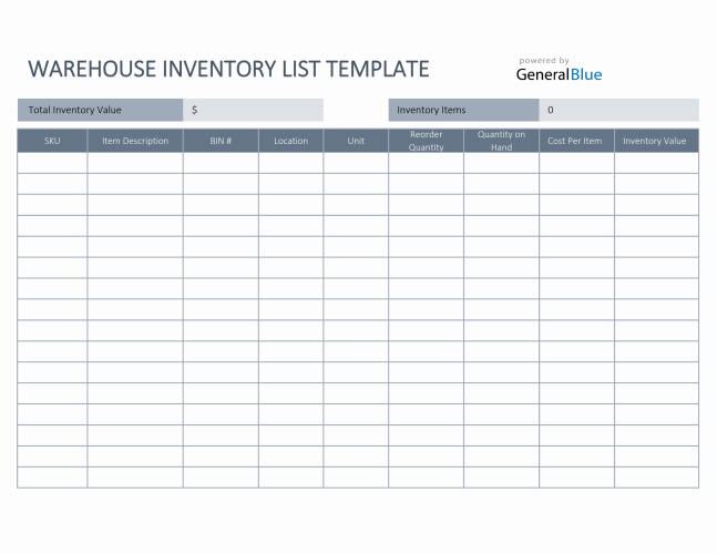 Printable Warehouse Inventory List Template Sample | Templateral