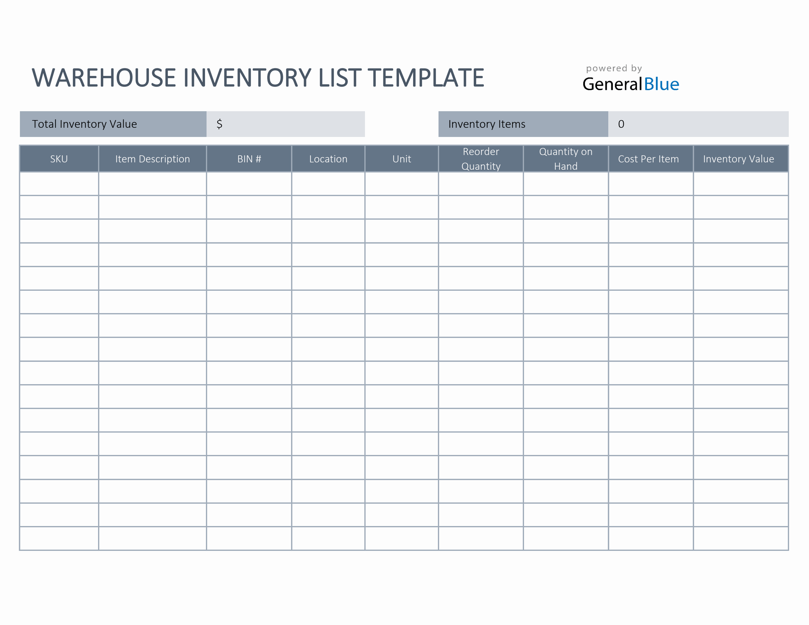 Printable Warehouse Inventory List Template Sample