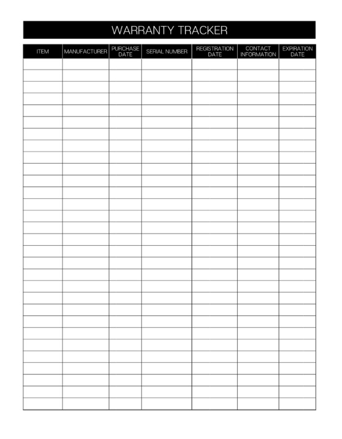 Printable Warranty Tracker Template