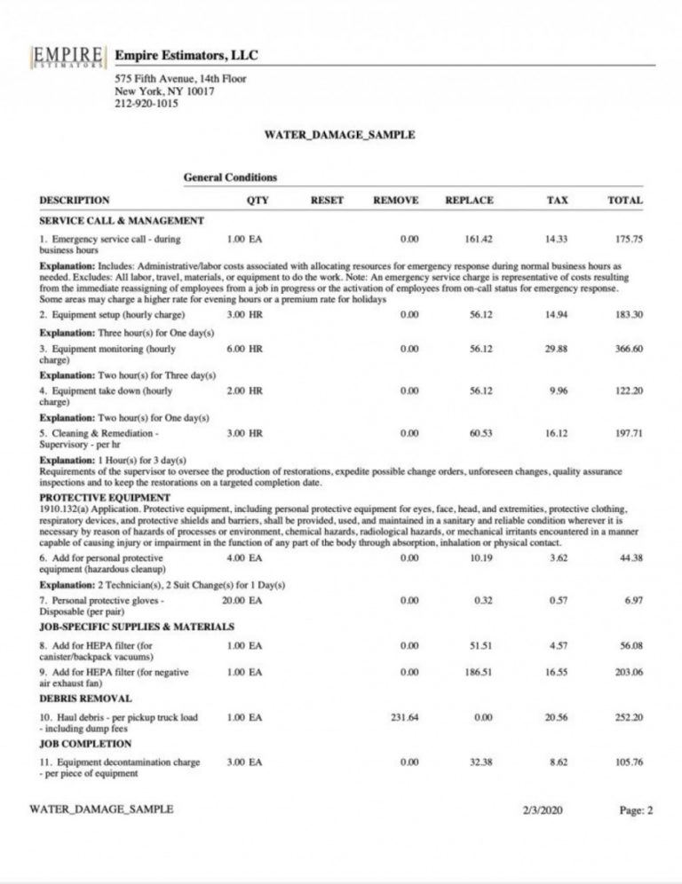 Printable Water Damage Estimate Template Example