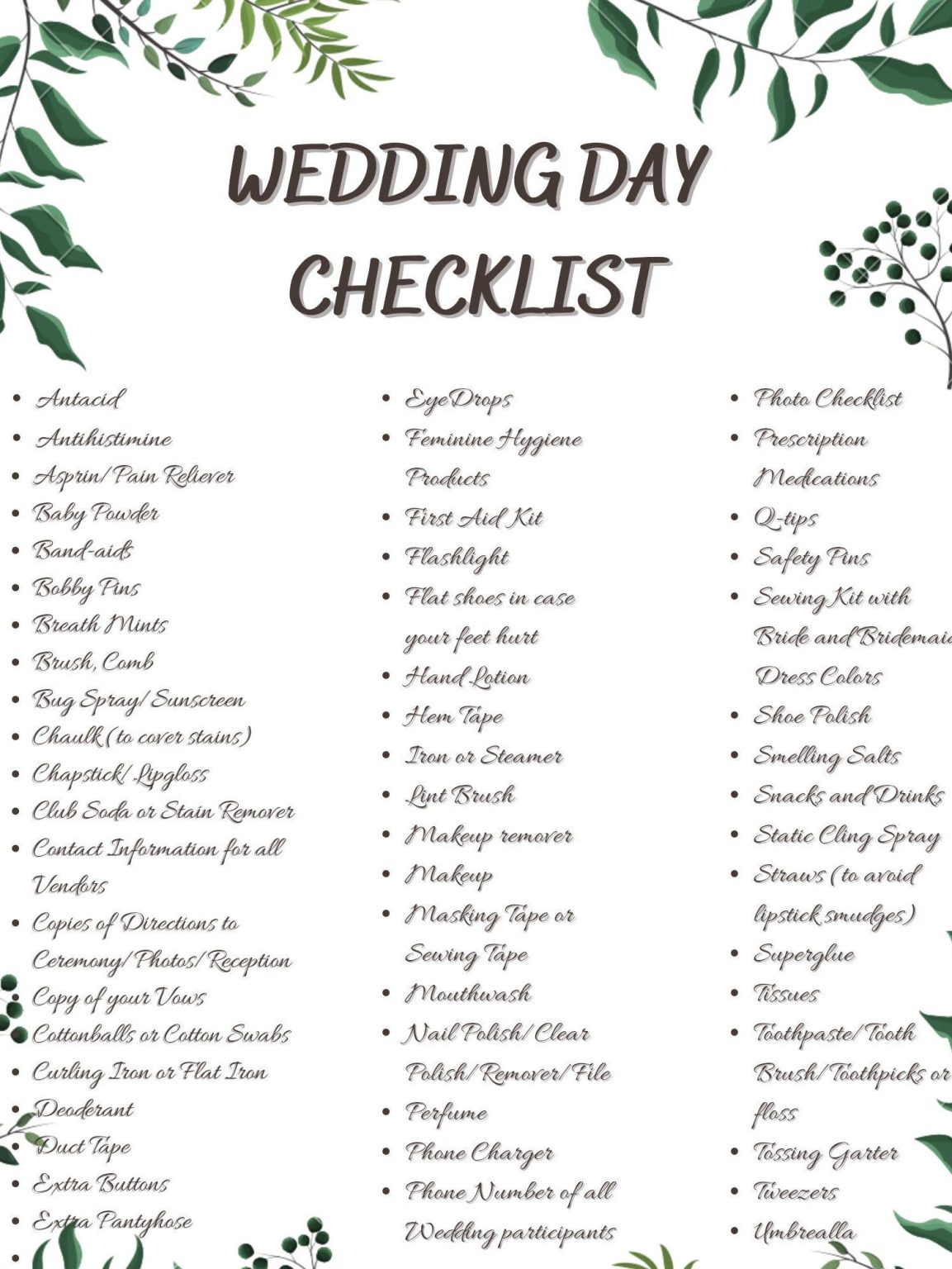 Printable Wedding Day Checklist Template