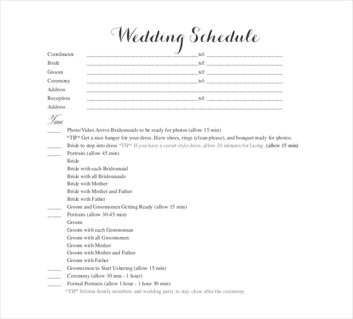 Printable Wedding Schedule Template Example