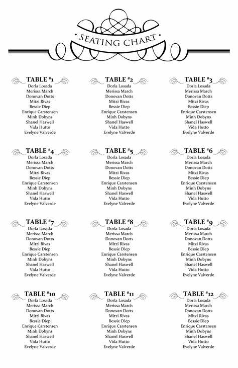 Printable Wedding Seating List Template