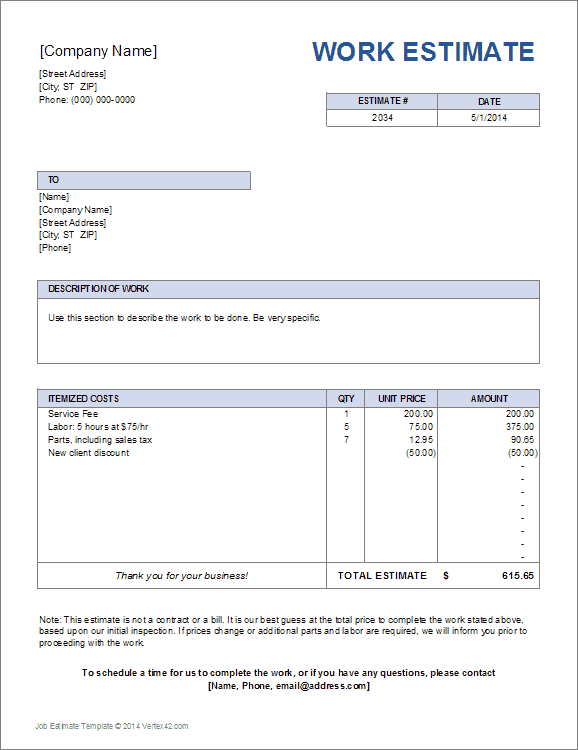 Printable Work Estimate Template Example