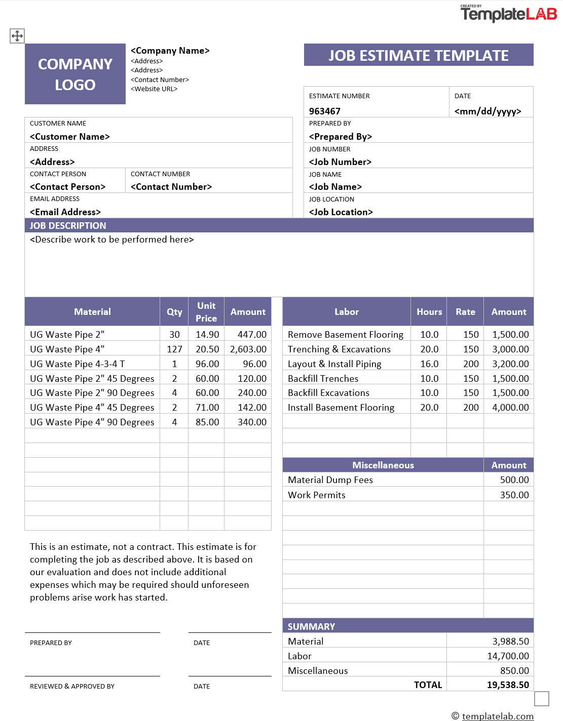 Printable Work Estimate Template Sample