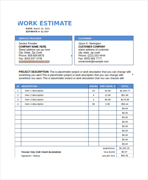 Printable Work Estimate Template