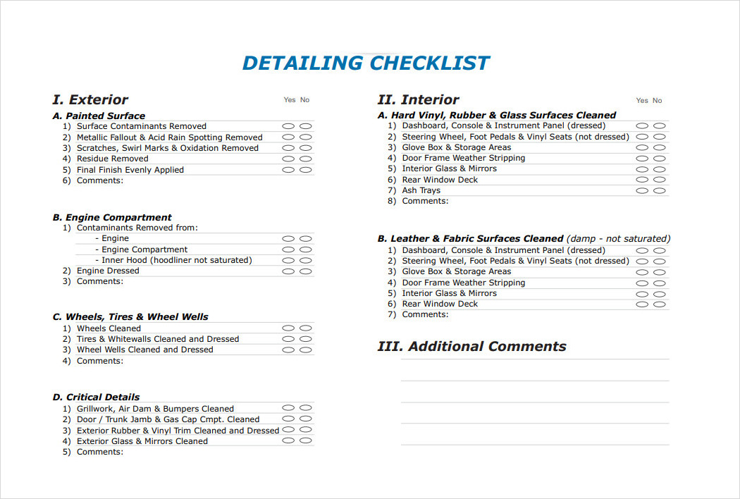 Professional Auto Detailing Checklist Template