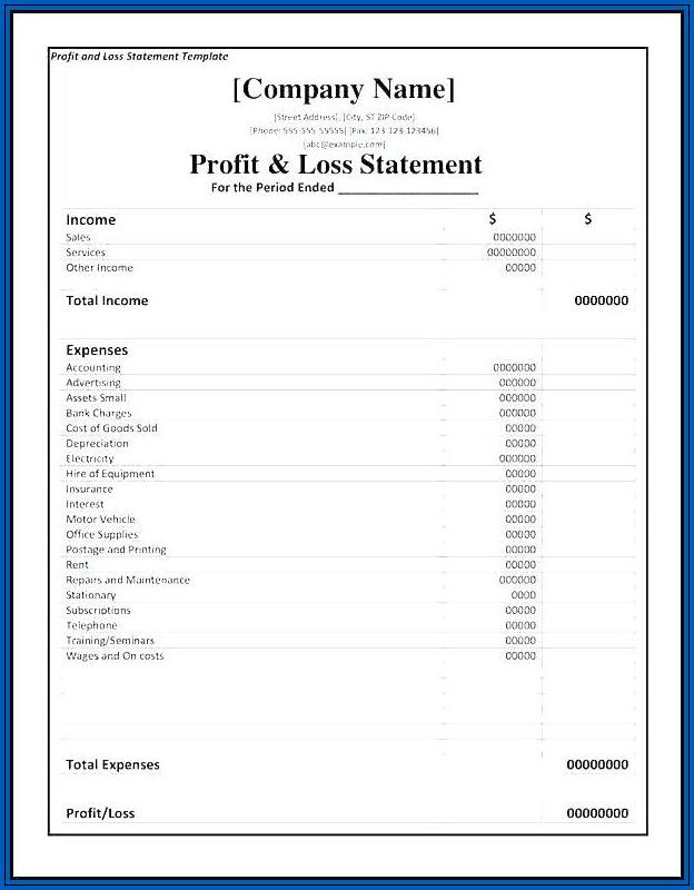 Profit And Loss Template For Small Business Sample