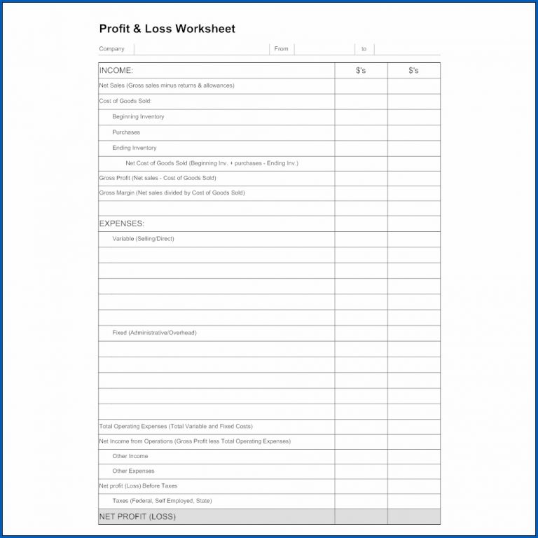 √ Free Profit And Loss Worksheet Template