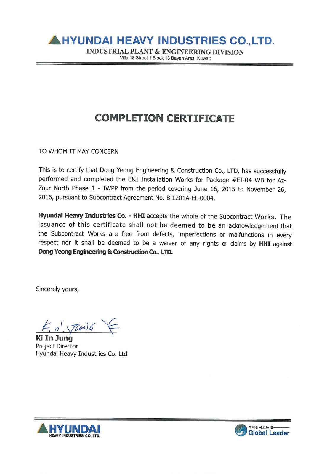 Project Completion Certificate From Client