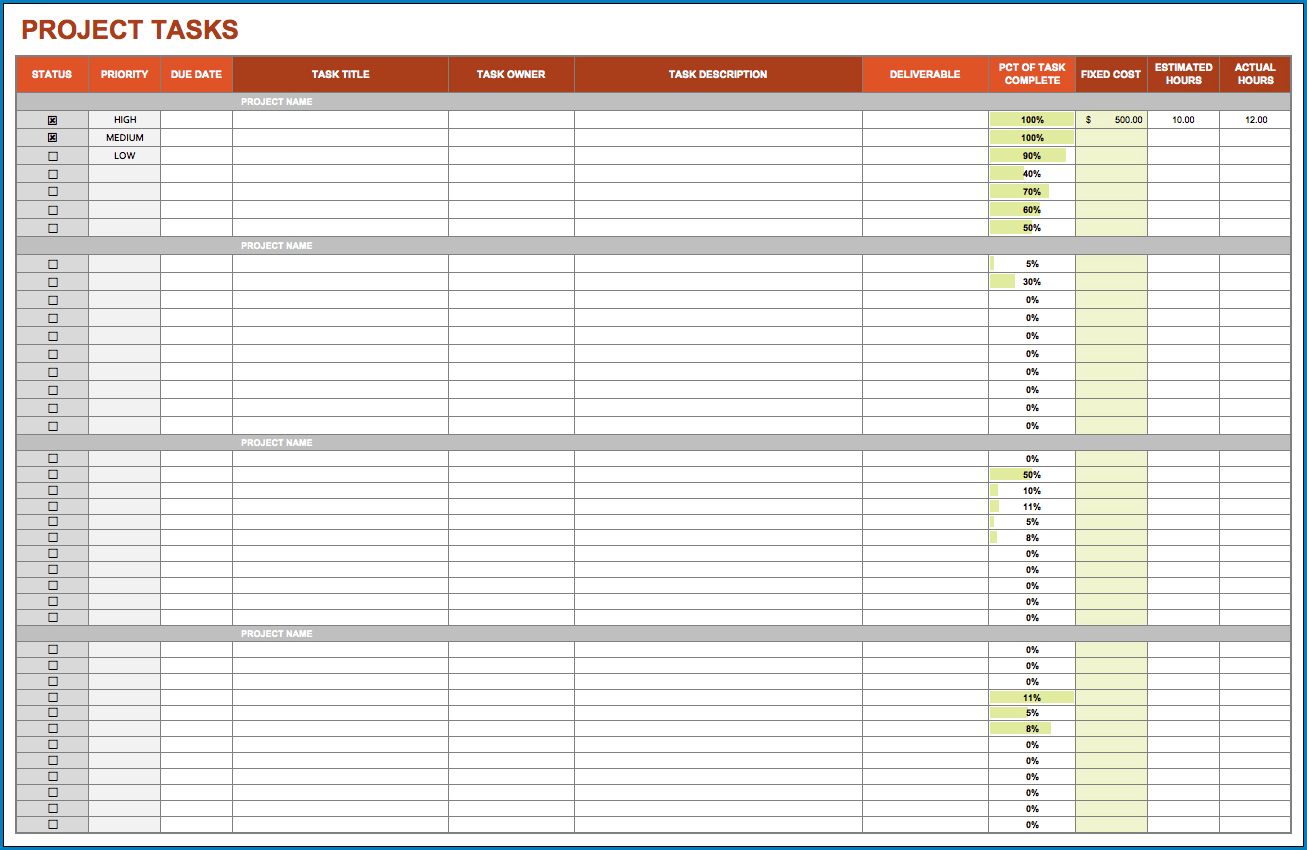 Project Manager Task List Template Example