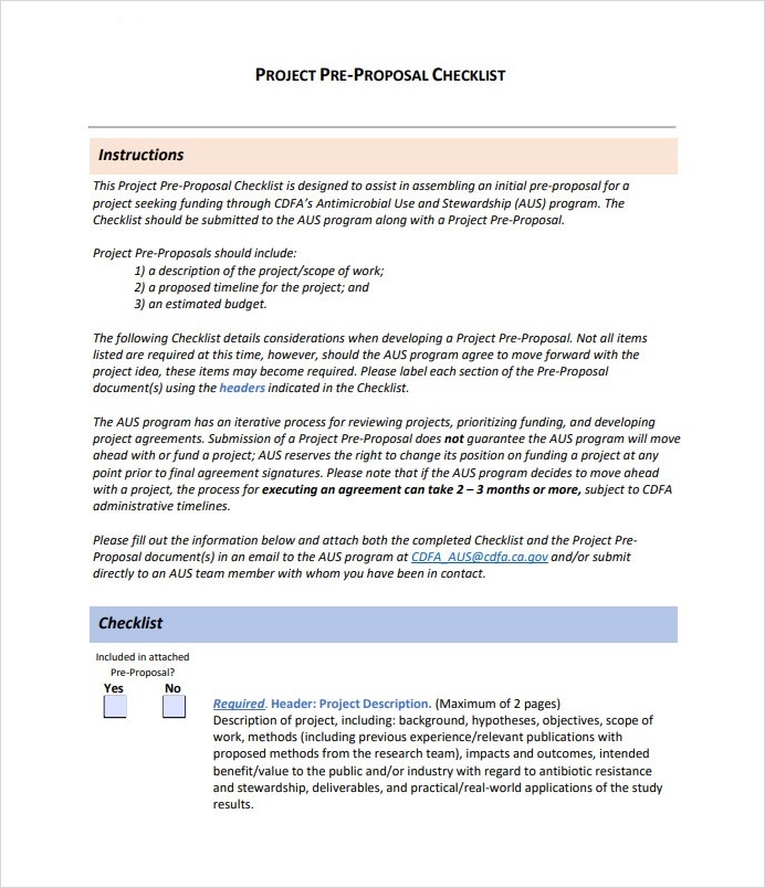 Project Pre Proposal Checklist Template