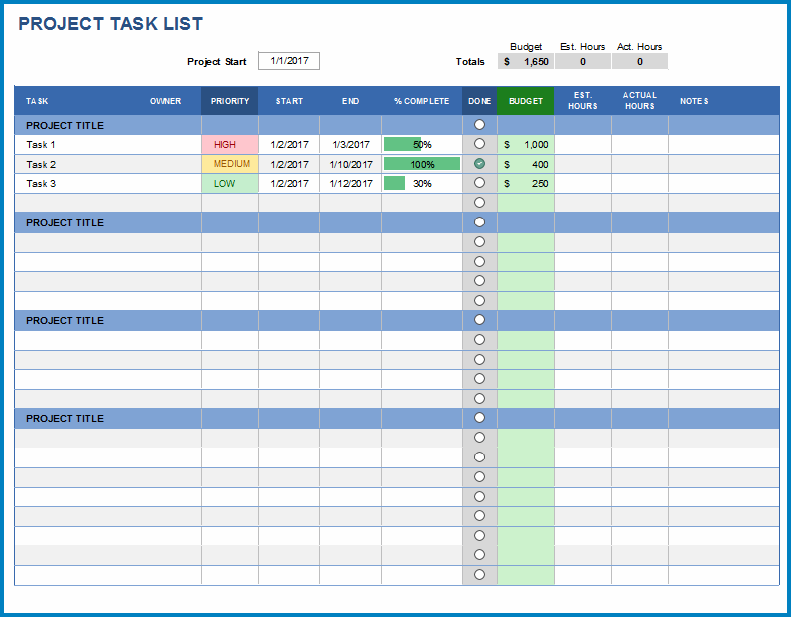 Project Task List Template Excel Example