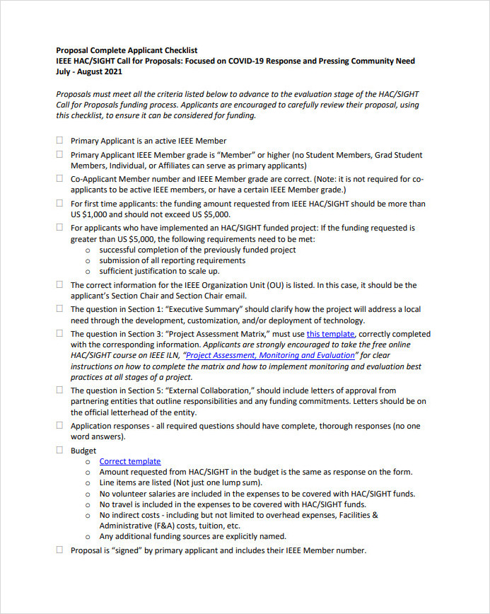 Proposal Applicant Checklist Template