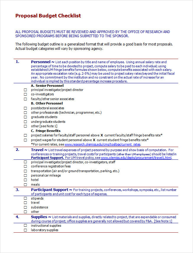 Proposal Budget Checklist Template