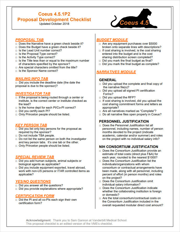 Proposal Development Checklist Template