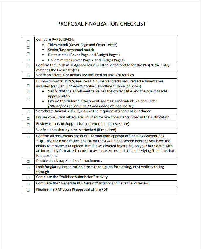 Proposal Finalization Checklist Template