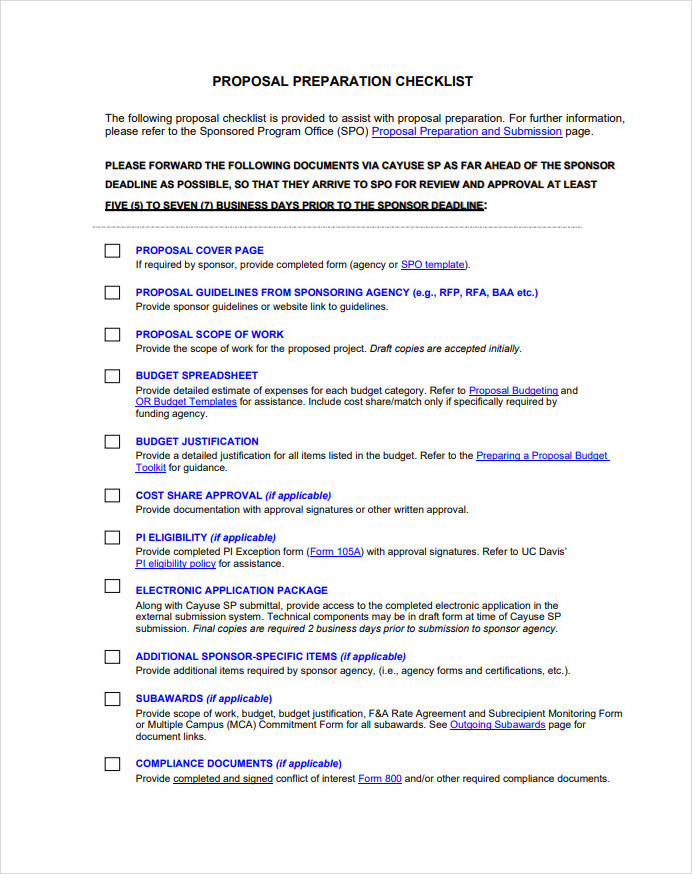 Proposal Preparation Checklist Template