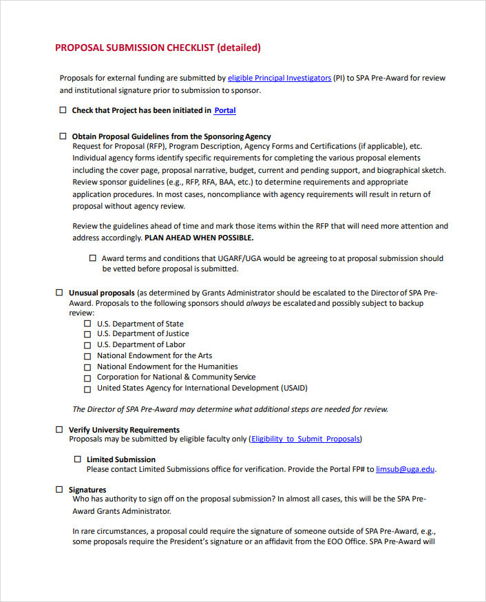 Proposal Submission Checklist Template