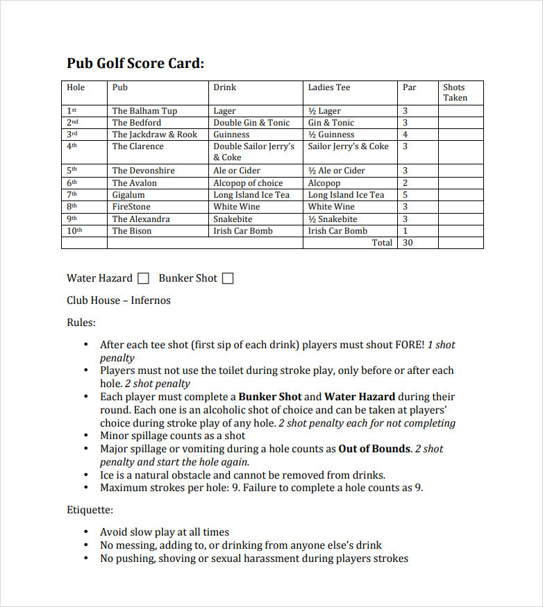 Pub Golf Score Card Template