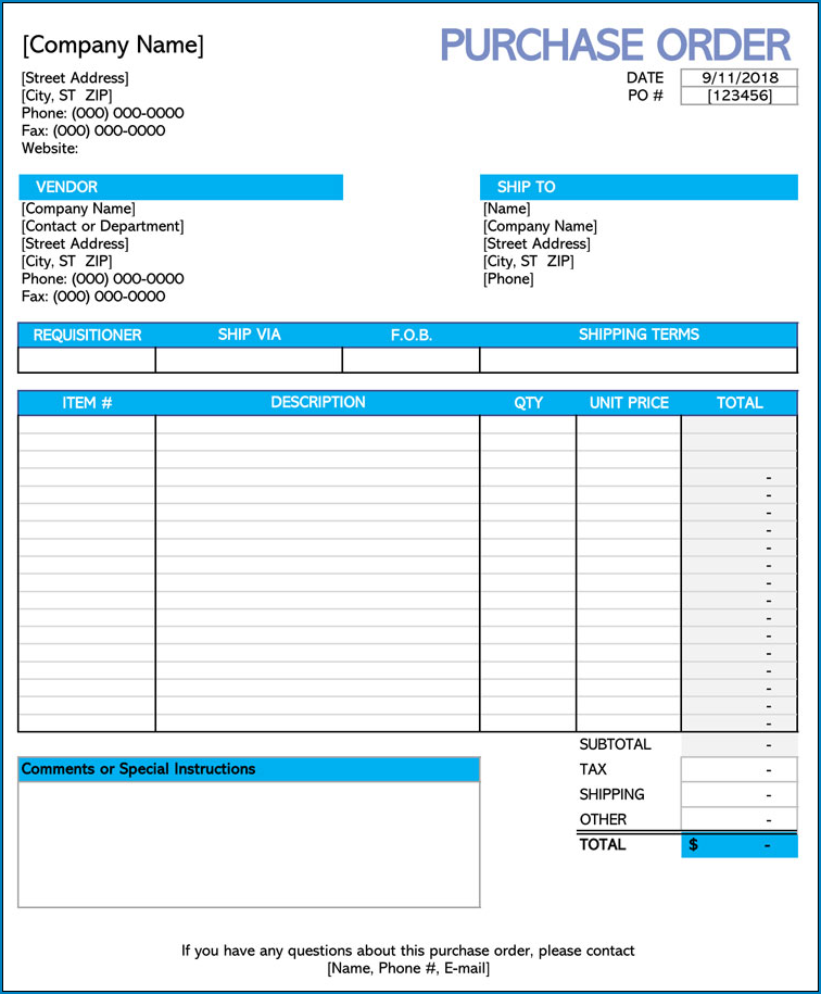 Purchase Order Template Example