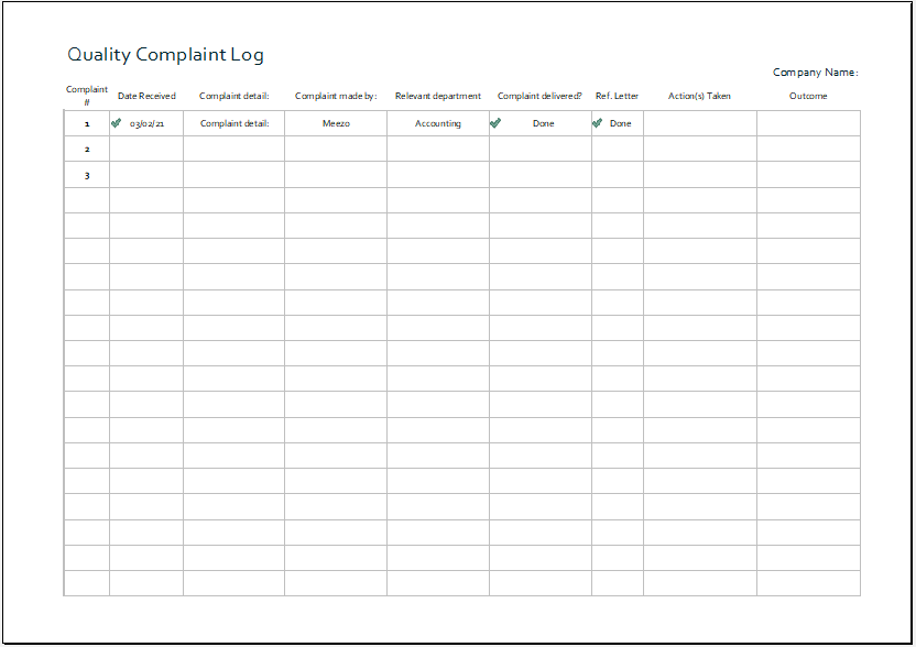 Quality Complaint Log Template