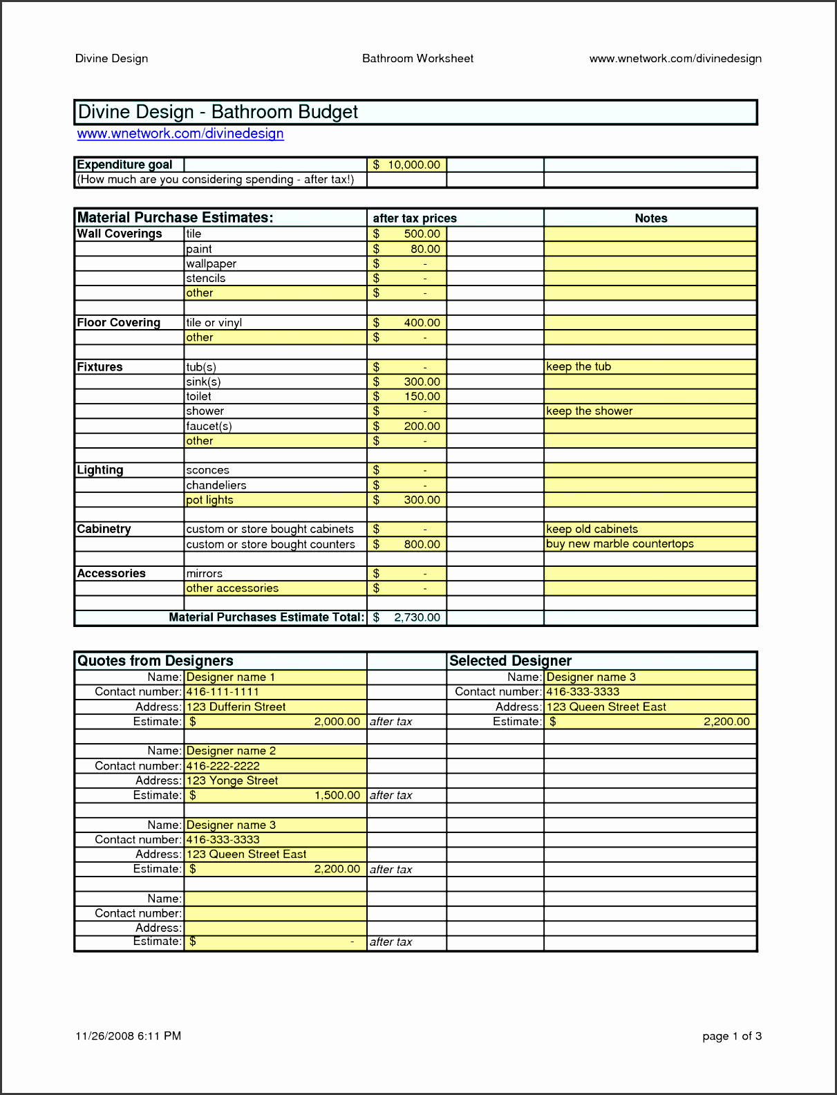 Quote Bathroom Remodel Estimate Template