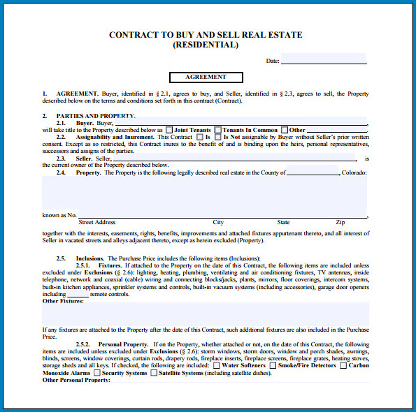 Real Estate For Sale By Owner Contract Template Example