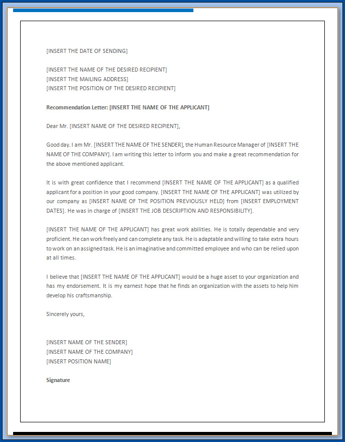 Free Printable Recommendation Letter Template For Job