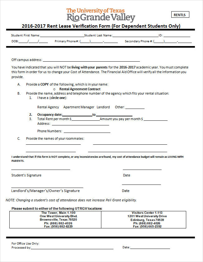 Rent Lease Verification Form