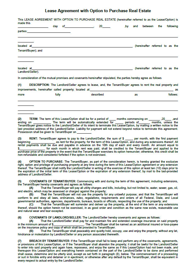 Free Printable Rent With Option To Buy Contract Form