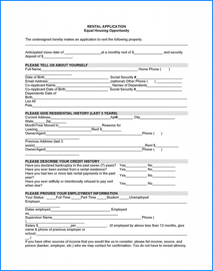 Rental Application Form Example