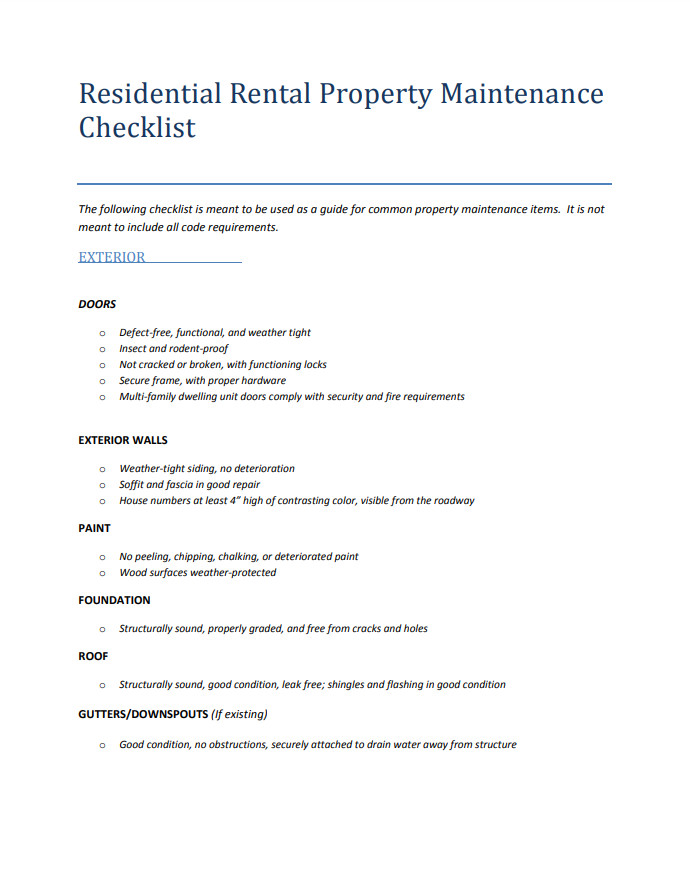 Rental Property Maintenance Checklist Template