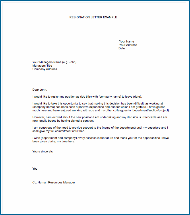 Resignation Letter Template Word Example