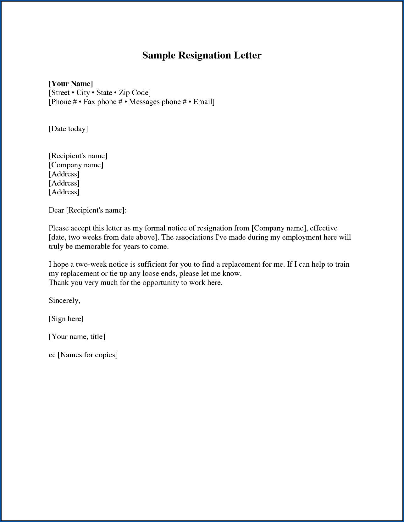 Resignation Letter Two Weeks Notice Sample